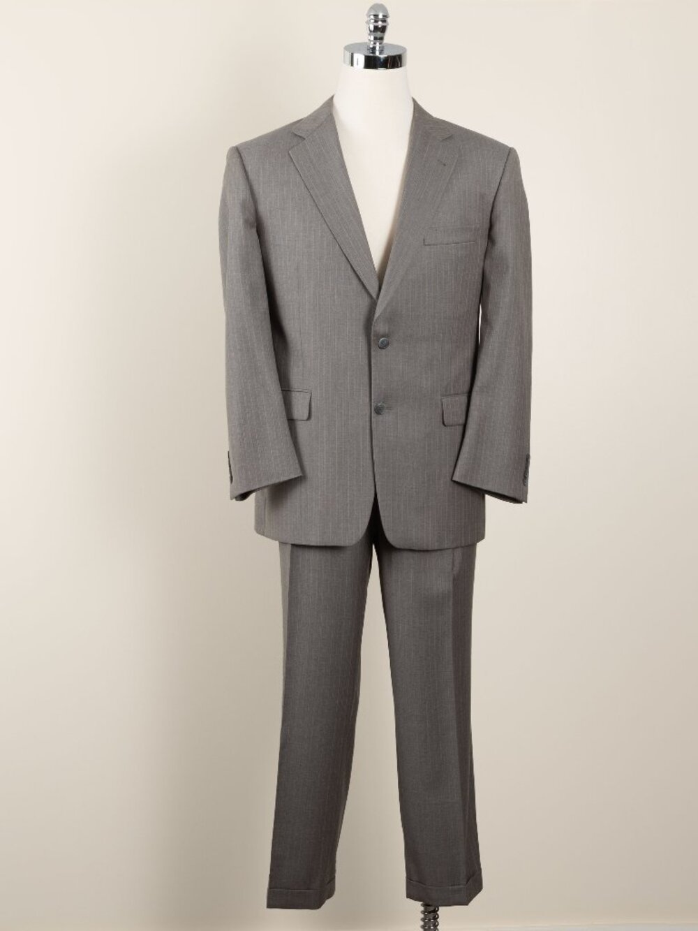 Vintage Y2K Burberry London Men's Grey Pinstripe Wool Suit 44R Pleated Cuffed